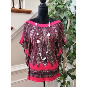 Cache Top Poncho Blouse Pink Paisley Knit Kimono Batwing Sleeves No Belt Size M